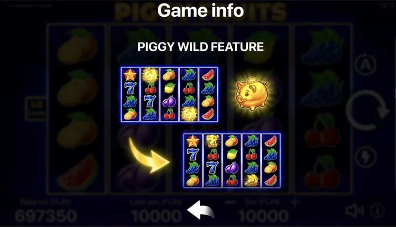 Piggy Fruits – екран за игра со мрежа 5x4 и симболи на овошје
